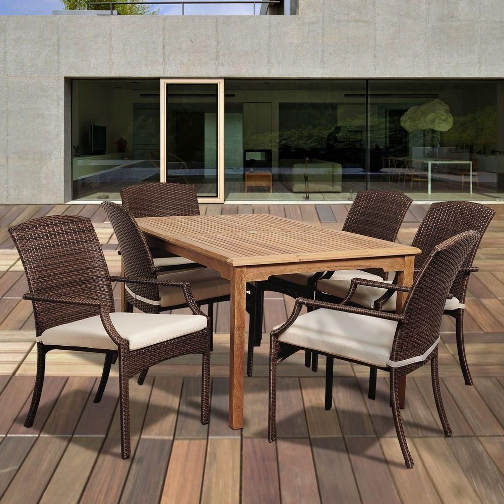 Amazonia Cocker 7 Piece Teak Rectangular Patio Dining Set With Off Intended For Latest Off White Cushion Patio Dining Sets (View 2 of 15)