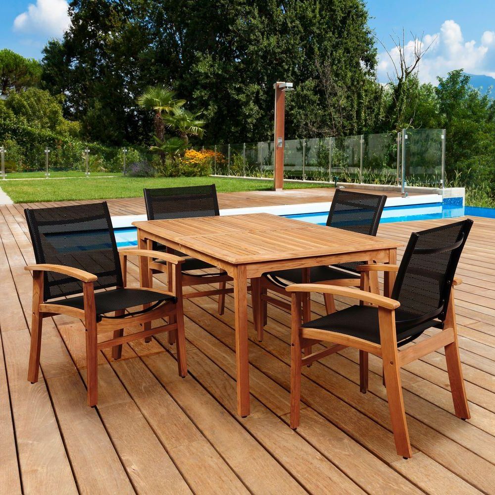 Amazonia Elliot 5 Piece Teak Rectangular Patio Dining Set With Black Within Current Rectangular Outdoor Patio Dining Sets (View 1 of 15)