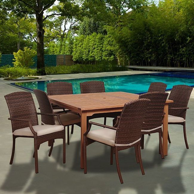 Amazonia Granada 9 Piece Eucalyptus Wood And Wicker Square Dining Set Inside Newest Off White Cushion Patio Dining Sets (View 12 of 15)