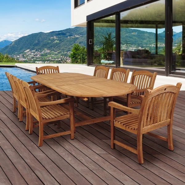 Amazonia Teak Giacomo 9 Piece Teak Double Extendable Oval Patio Dining Within Trendy 9 Piece Oval Dining Sets (View 1 of 15)