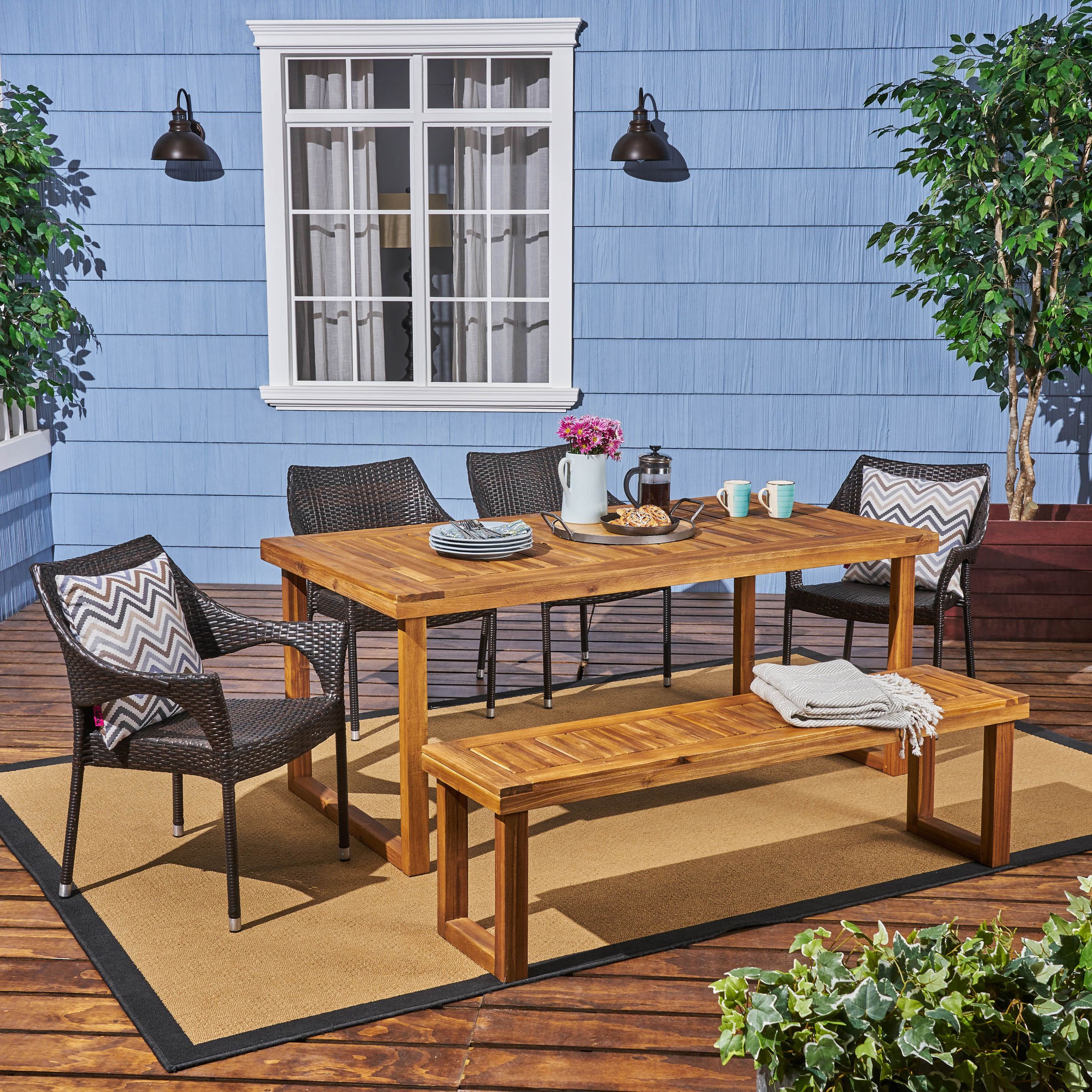 Amina Outdoor 6 Piece Acacia Wood Dining Set With Bench And Wicker Throughout Most Up To Date Brown Acacia Patio Dining Sets (View 7 of 15)