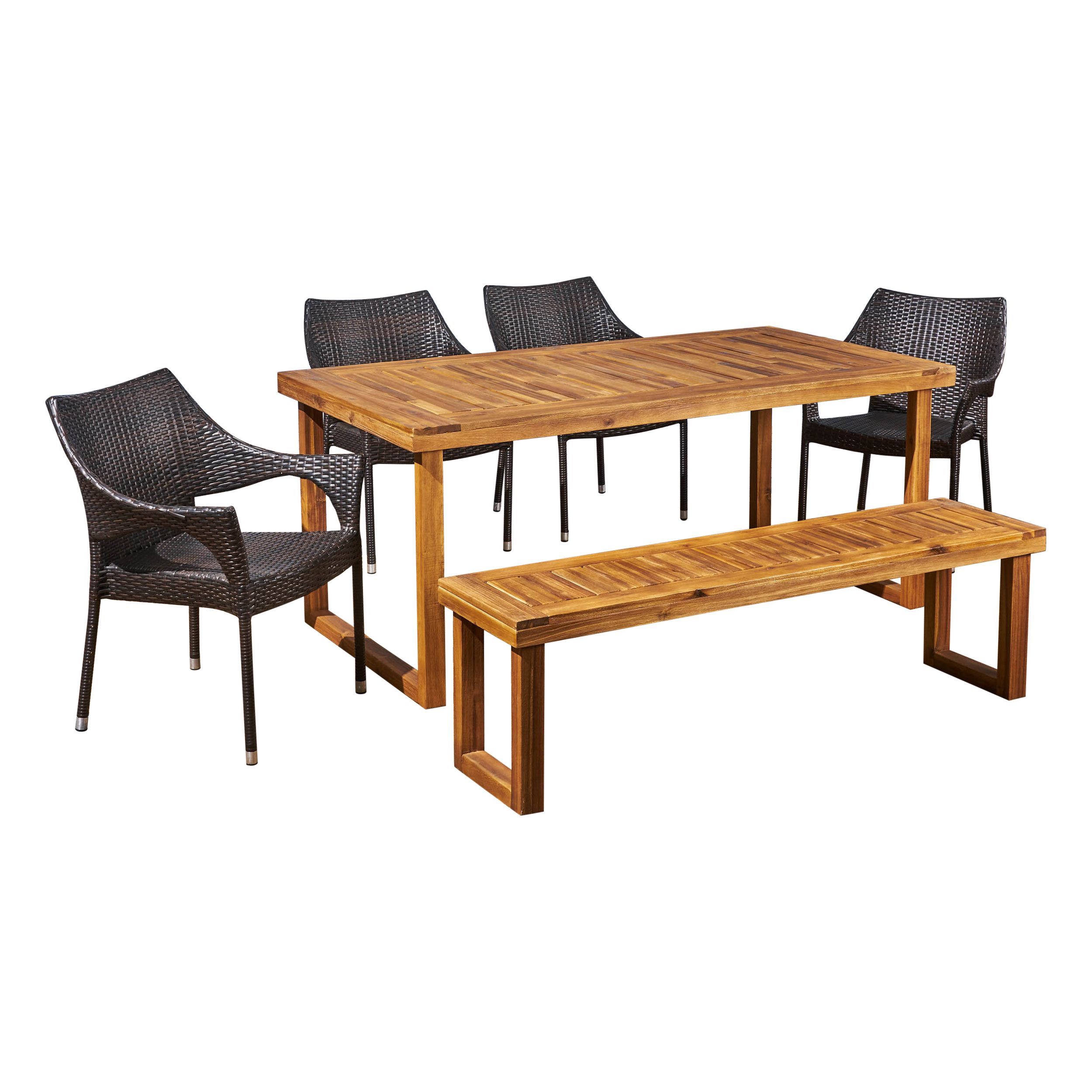 Amina Outdoor 6 Piece Acacia Wood Dining Set With Bench And Wicker With Most Current Brown Acacia 6 Piece Patio Dining Sets (View 8 of 15)