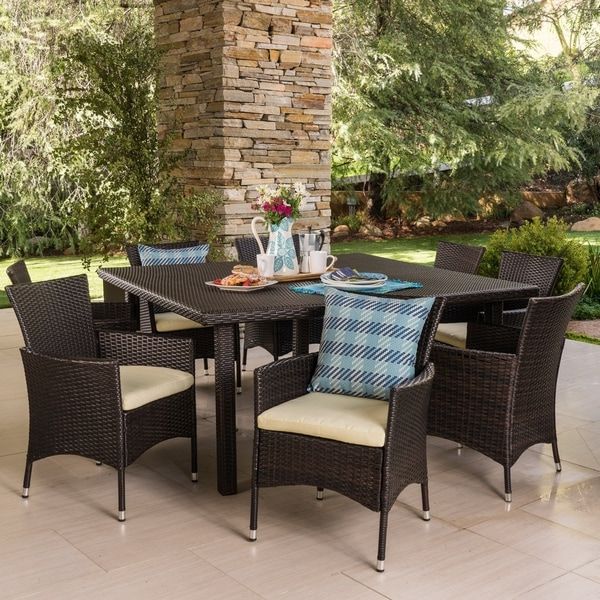 Aristo Outdoor 9 Piece Square Wicker Dining Set With Cushions In Preferred Brown 9 Piece Outdoor Dining Sets (View 6 of 15)