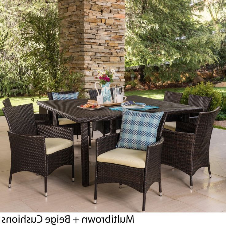 Aristo Outdoor 9 Piece Square Wicker Dining Set With Cushions Regarding Most Recent Wicker Square 9 Piece Patio Dining Sets (View 5 of 15)