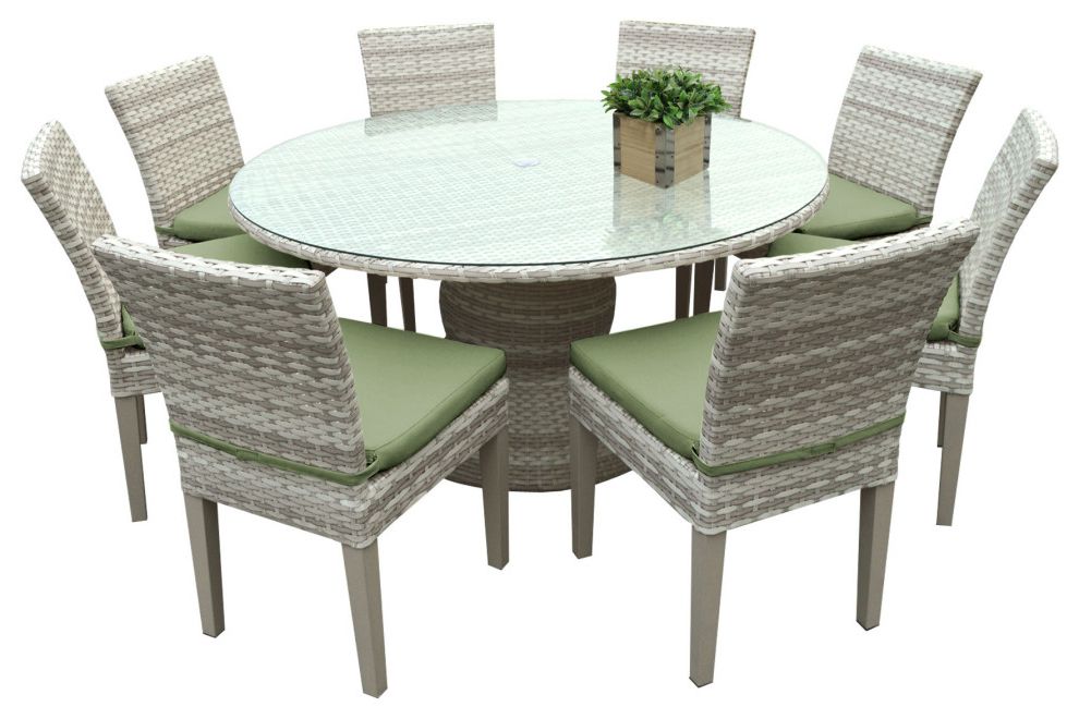 Armless Round Dining Sets Intended For 2019 Fairmont 60 Inch Outdoor Patio Dining Table With 8 Armless Chairs (View 5 of 15)
