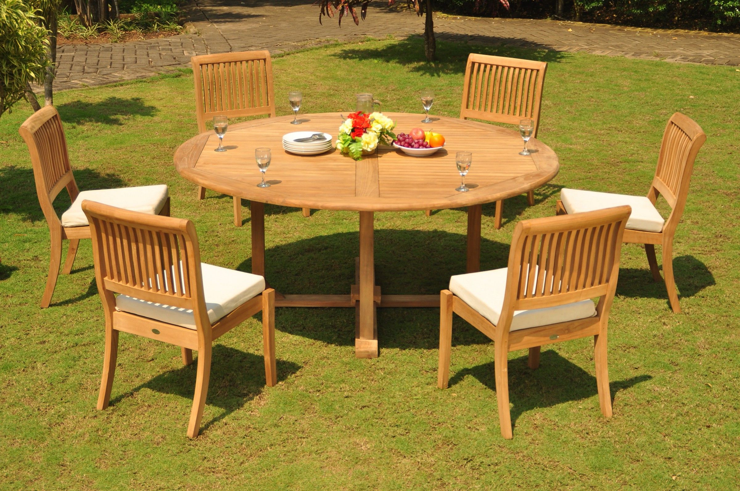 Armless Round Dining Sets Pertaining To Well Known Teak Dining Set: 6 Seater 7 Pc: 72" Round Dining Table And 6 Arbor (View 1 of 15)
