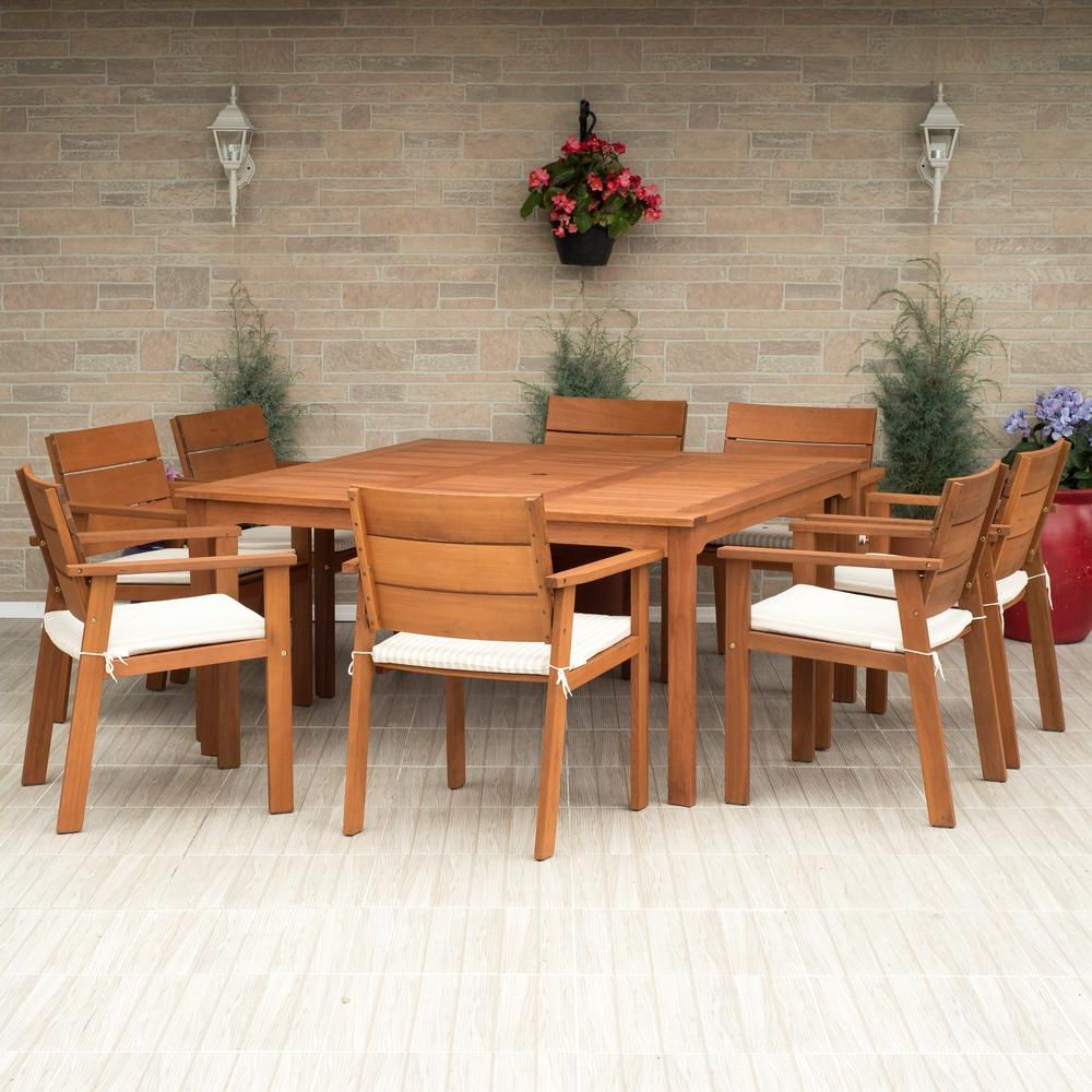 Atlantic Contemporary Lifestyle Nelson 9 Piece Square Eucalyptus Wood Within Most Up To Date Off White Outdoor Seating Patio Sets (View 11 of 15)
