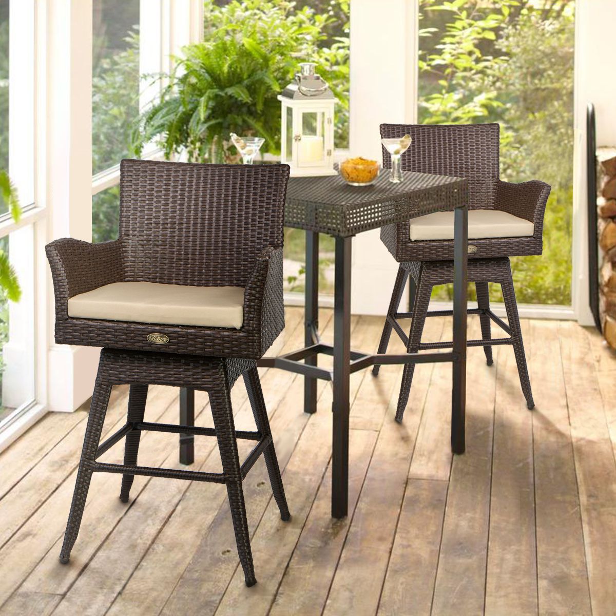 Barton Outdoor Patio Swivel Bar Stool Armrest With Footrest Rattan Pertaining To Well Liked Fabric Outdoor Patio Sets (View 14 of 15)