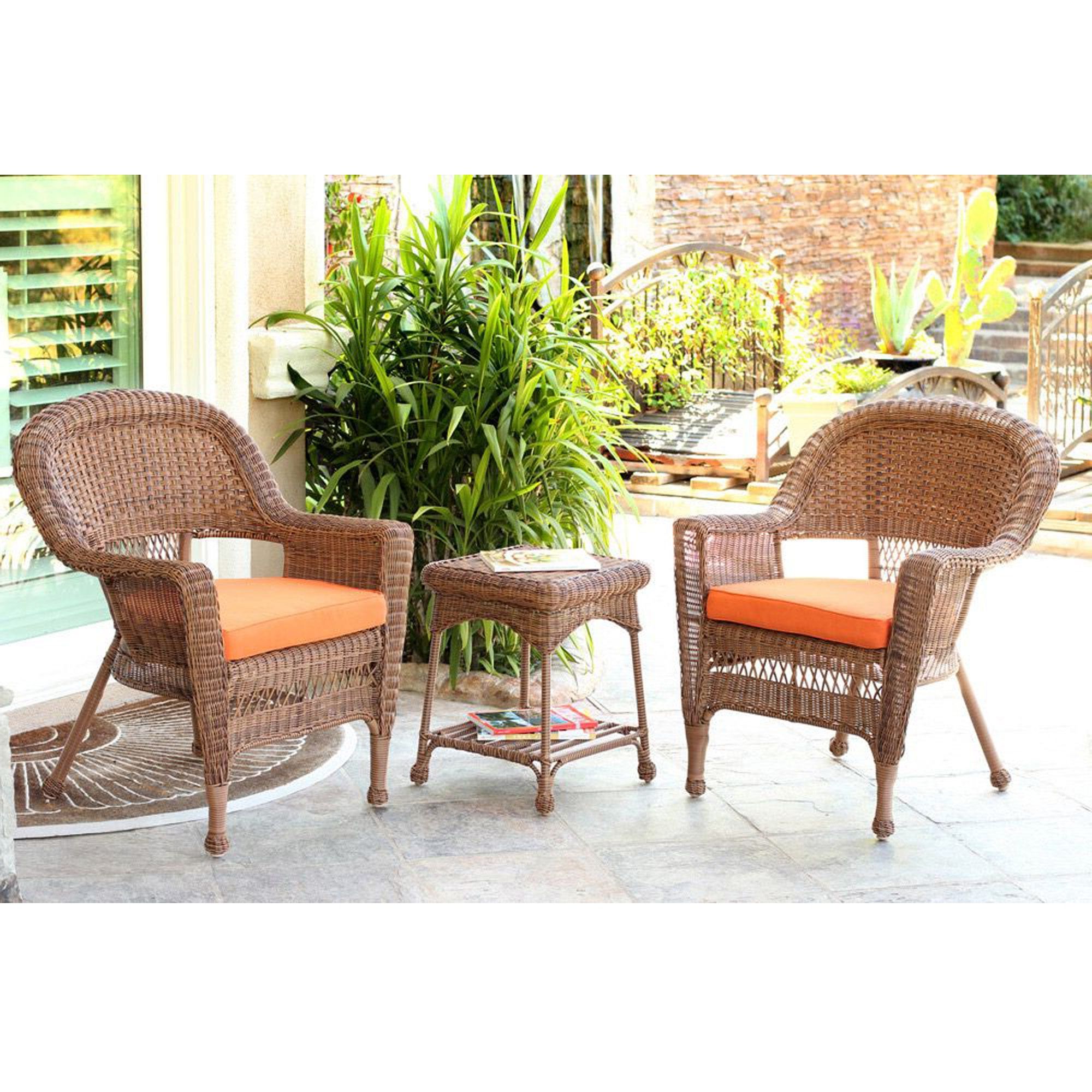 Beige Wicker And Green Fabric Patio Bistro Sets Regarding Fashionable Set Of 3 Honey Brown Resin Wicker Patio Chairs And End Table With (View 1 of 15)