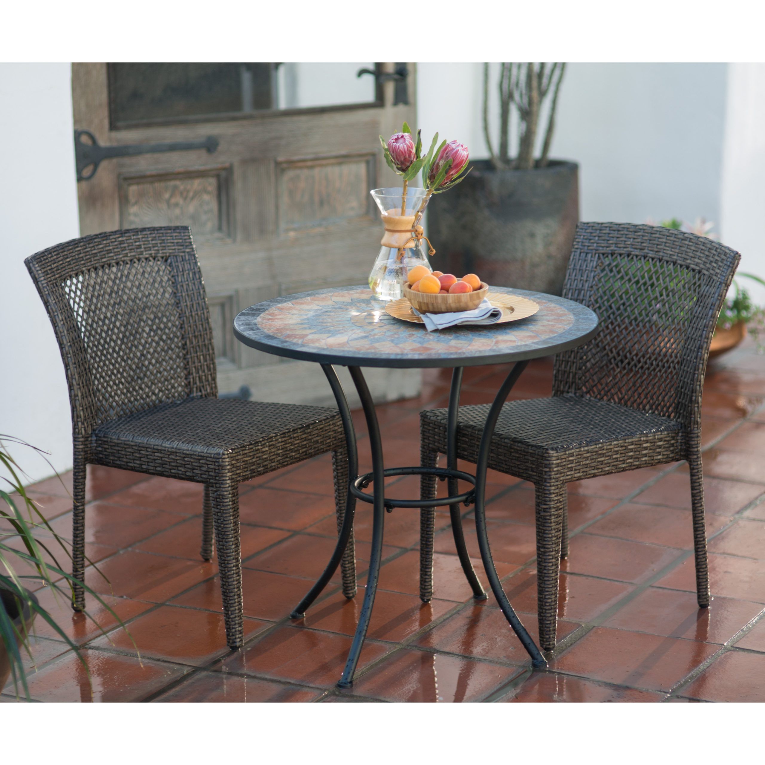 Belham Living Brisbane All Weather Wicker And Mosaic Patio Bistro Set In Favorite Outdoor Wicker Cafe Dining Sets (View 14 of 15)