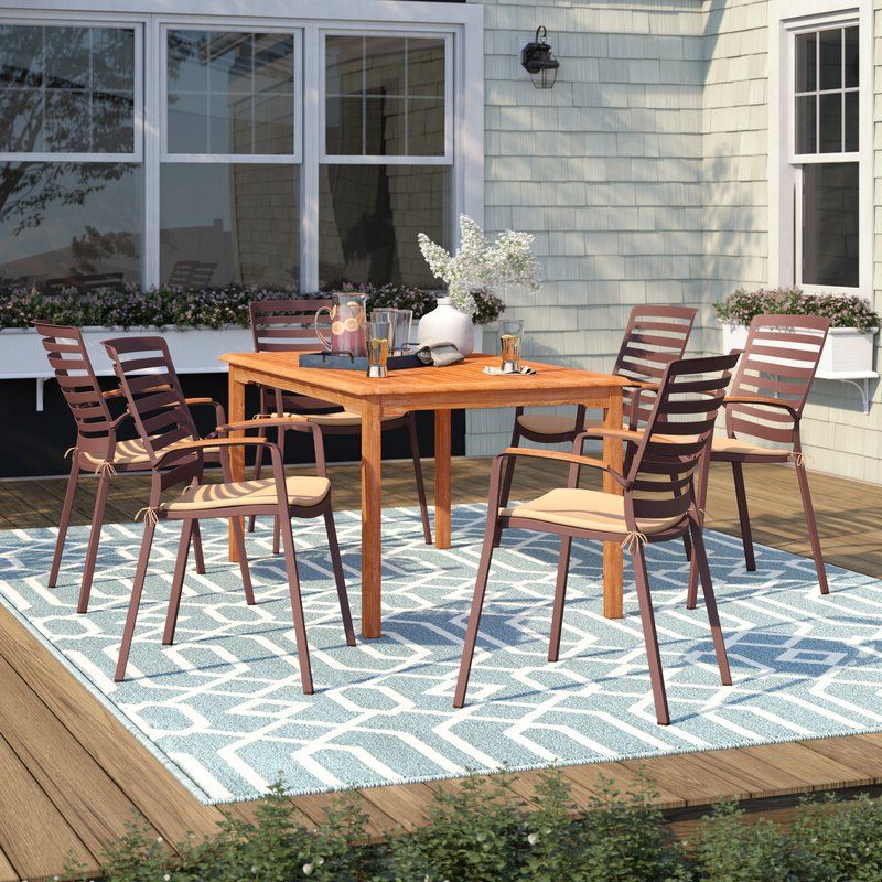 Best And Newest 7 Pieces Teak Outdoor Dining Sets Inside Beachcrest Home Elsmere 7 Piece Teak Dining Set With Cushions (View 8 of 15)