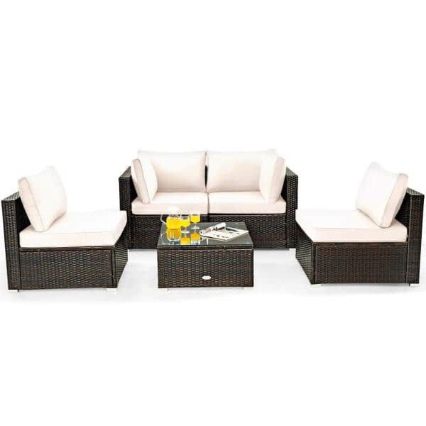 Best And Newest Costway 5 Piece Wicker Patio Conversation Set With White Cushions With Regard To Fabric 5 Piece 4 Seat Outdoor Patio Sets (View 7 of 15)