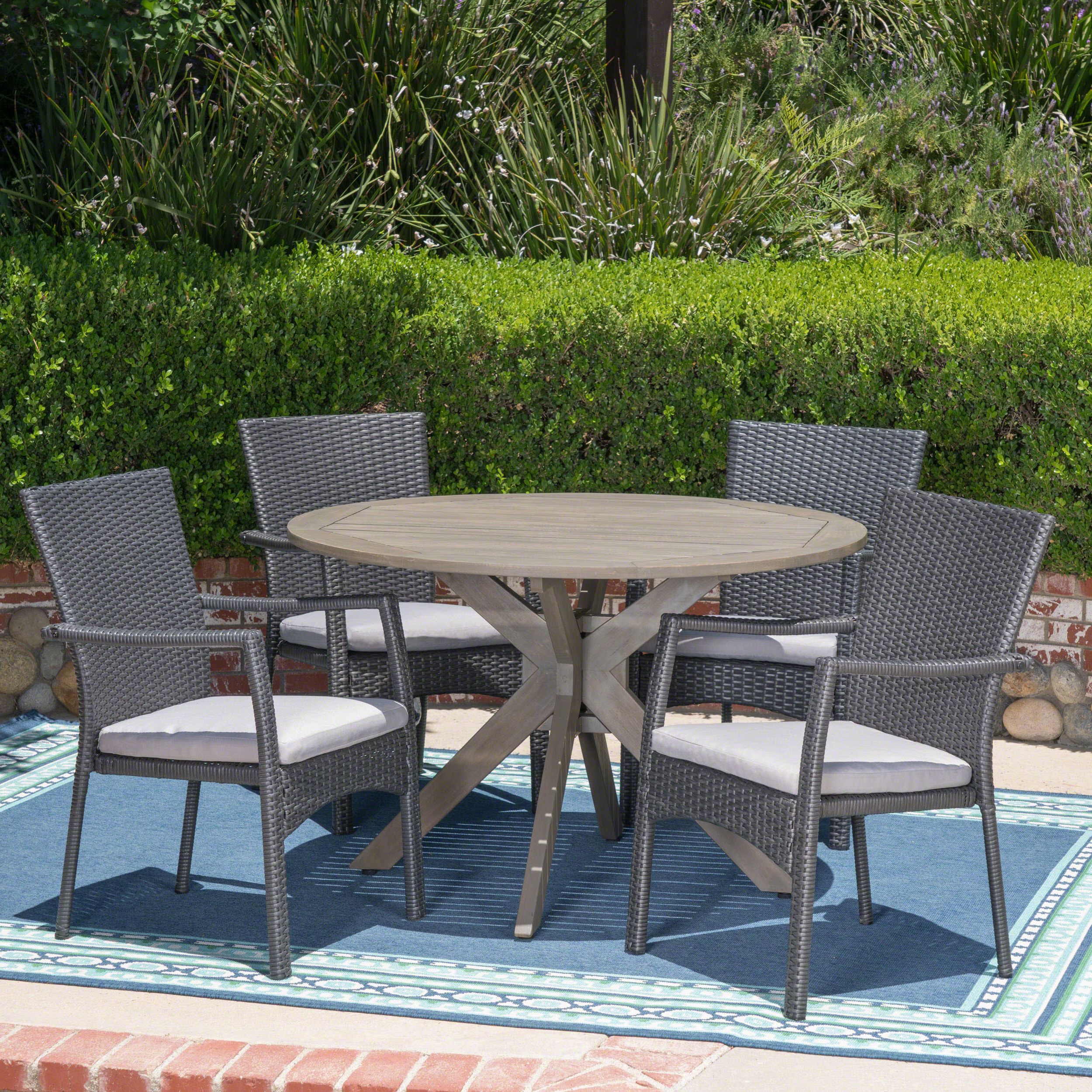 Best And Newest Joshua Outdoor 5 Piece Wood And Wicker Dining Set, Gray And Gray Intended For Gray Wicker 5 Piece Round Patio Dining Sets (View 3 of 15)