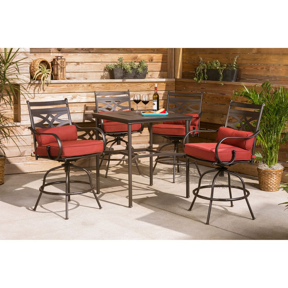 Best And Newest Red 5 Piece Outdoor Dining Sets Intended For Hanover Montclair 5 Piece High Dining Patio Set In Chili Red With  (View 15 of 15)