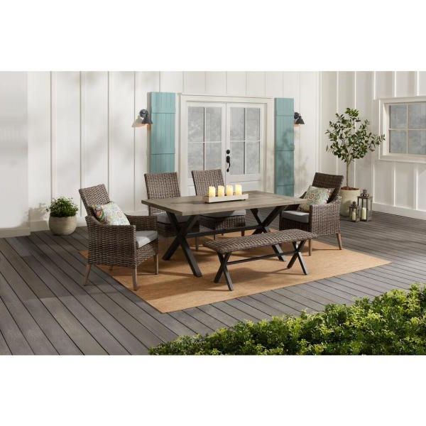 Best And Newest Sky Blue Outdoor Seating Patio Sets Throughout Hampton Bay Rock Cliff 6 Piece Brown Wicker Outdoor Patio Dining Set (View 15 of 15)