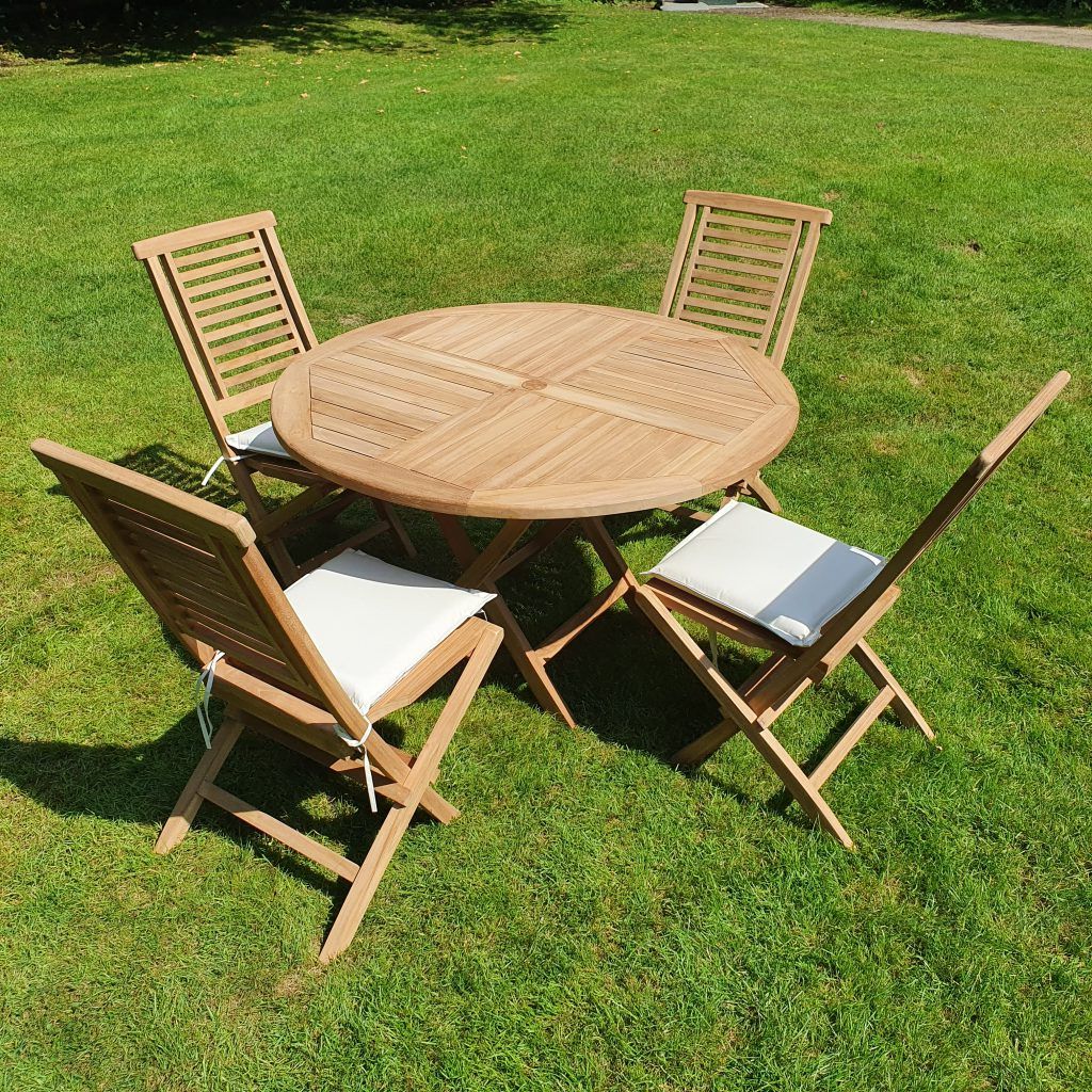 Best And Newest Teak Outdoor Folding Chairs Sets With Regard To Teak Garden Furniture 120 Cm Round Table 4 Folding Chairs Cushions (View 1 of 15)