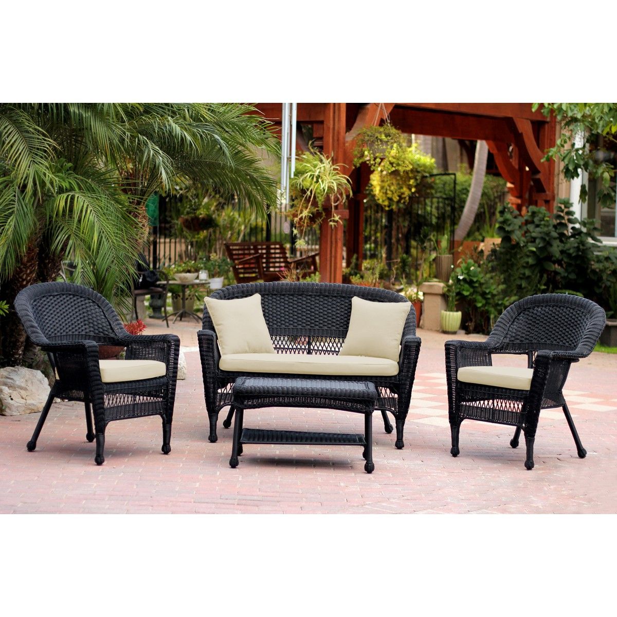 Black Cushion Patio Conversation Sets Intended For 2020 4pc Black Wicker Conversation Set – Ivory Cushion (View 8 of 15)