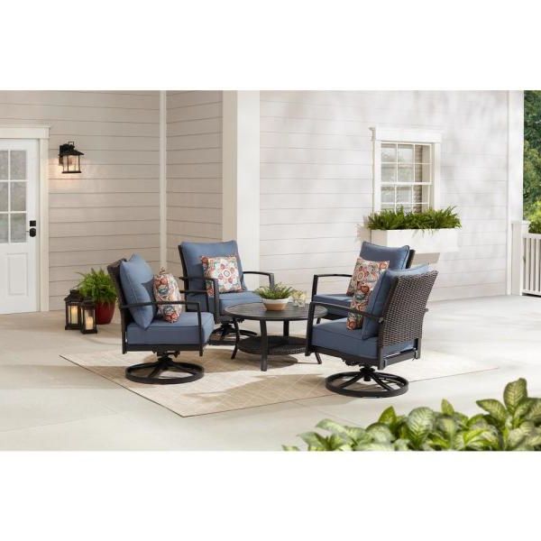 Blue And Brown Wicker Outdoor Patio Sets Intended For Widely Used Hampton Bay Whitfield Dark Brown 5 Piece Wicker Outdoor Patio Motion (View 5 of 15)