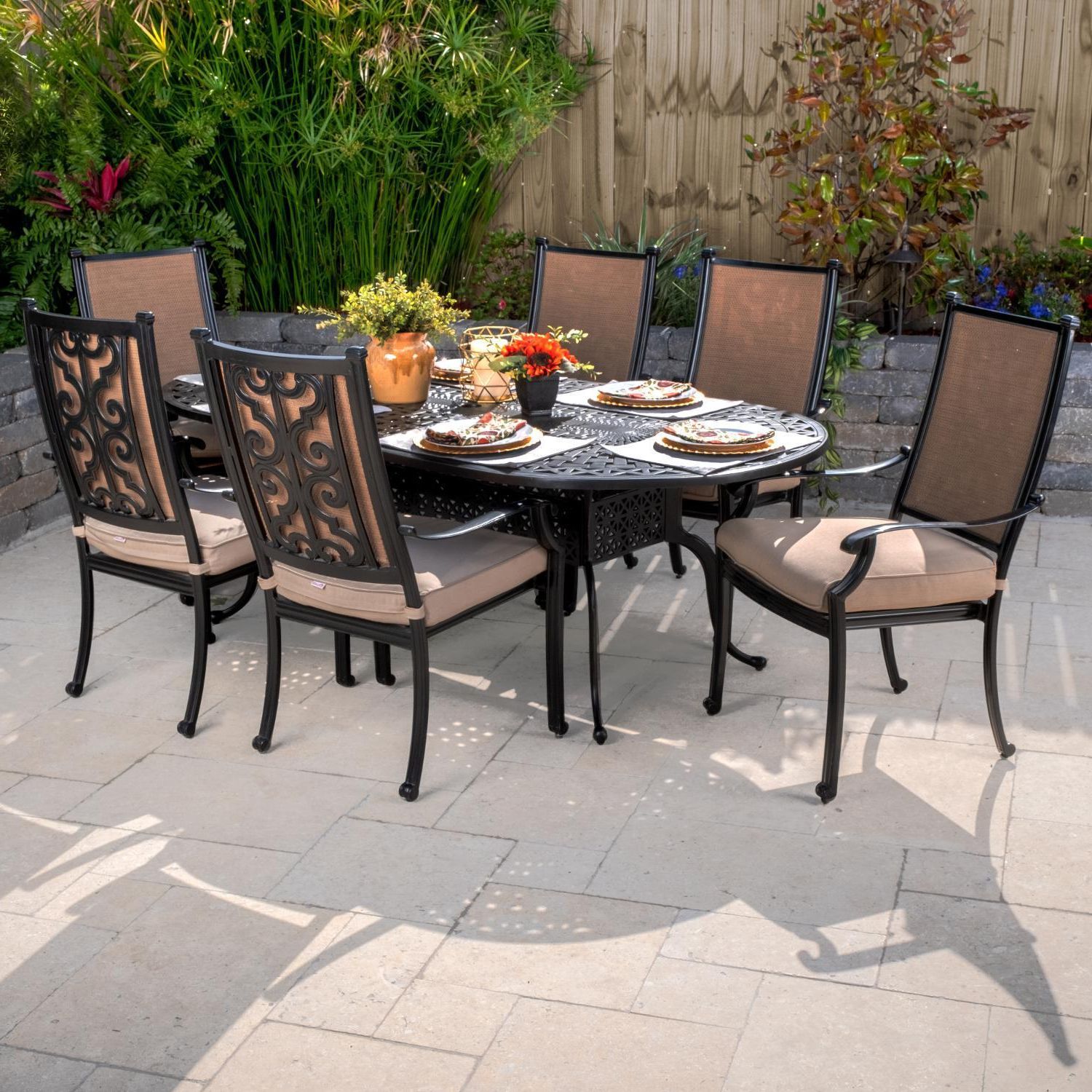 Bocage 7 Piece Cast Aluminum Sling Patio Dining Set W/ 84 X 42 Inch For Well Known 7 Piece Patio Dining Sets With Cushions (View 3 of 15)
