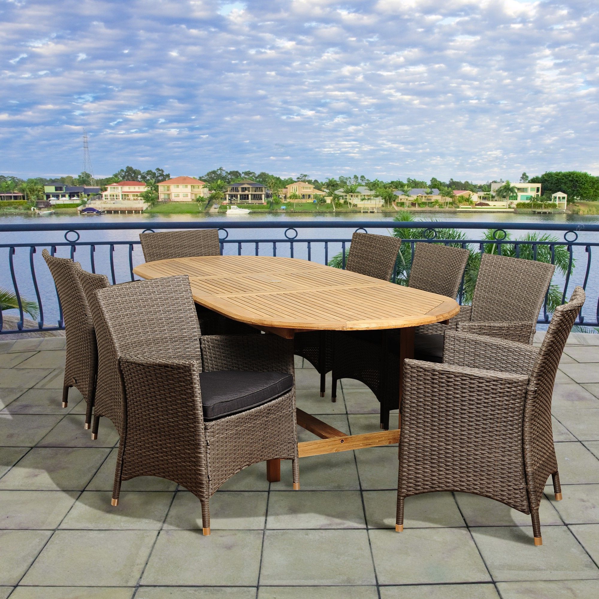 Brown 9 Piece Outdoor Dining Sets For Latest 9 Piece Brown Rayford Teak Extendable Oval Outdoor Patio Dining Set (View 12 of 15)