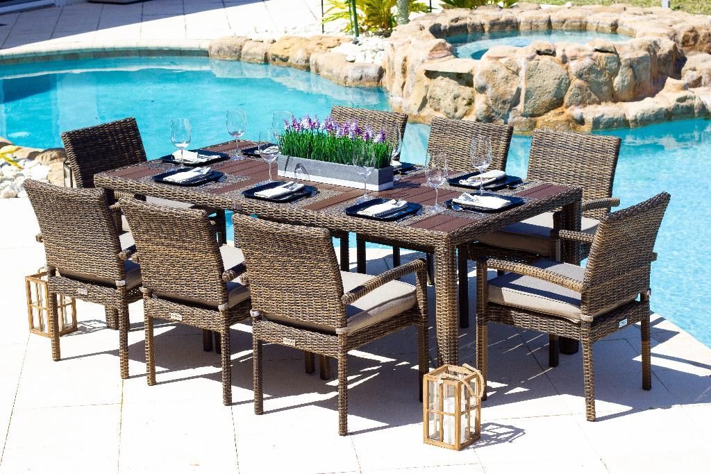 Brown 9 Piece Outdoor Dining Sets Pertaining To Recent Tuscany 9 Piece Outdoor Dining Table Set In Brown (View 8 of 15)