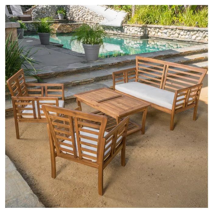 Brown Acacia Patio Chairs With Cushions Pertaining To Most Current Caydon 4pc Acacia Wood Patio Chat Set With Cushions – Brown Patina (View 7 of 15)