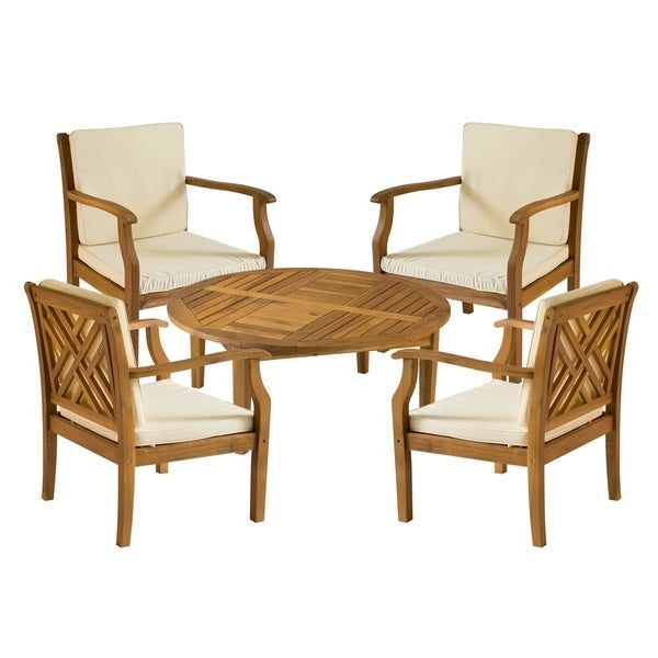 Brown Acacia Patio Chairs With Cushions With Regard To Well Liked Safavieh Outdoor Living Anaheim Brown Acacia Wood 5 Piece Beige Cushion (View 12 of 15)