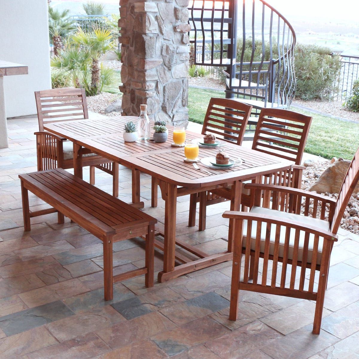 Brown Acacia Patio Dining Sets Inside Most Recent Midland 6 Piece Acacia Patio Dining Set W/ Cushions – Brownwalker (View 14 of 15)