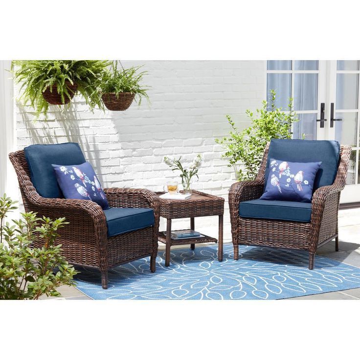 Brown Patio Conversation Sets With Cushions With Regard To Current Hampton Bay Cambridge Brown 3 Piece Wicker Outdoor Bistro Set With Blue (View 15 of 15)