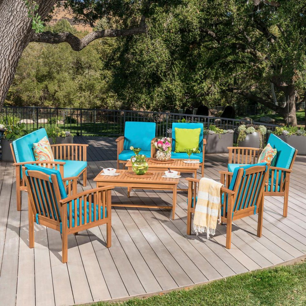 Brown Patio Conversation Sets With Cushions With Well Liked Noble House Thalia Brown 8 Piece Wood Patio Conversation Set With Teal (View 9 of 15)