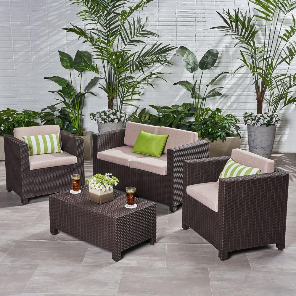 Brown Patio Conversation Sets With Cushions Within Famous Noble House Primrose Dark Brown 4 Piece All Weather Faux Wicker Patio (View 5 of 15)