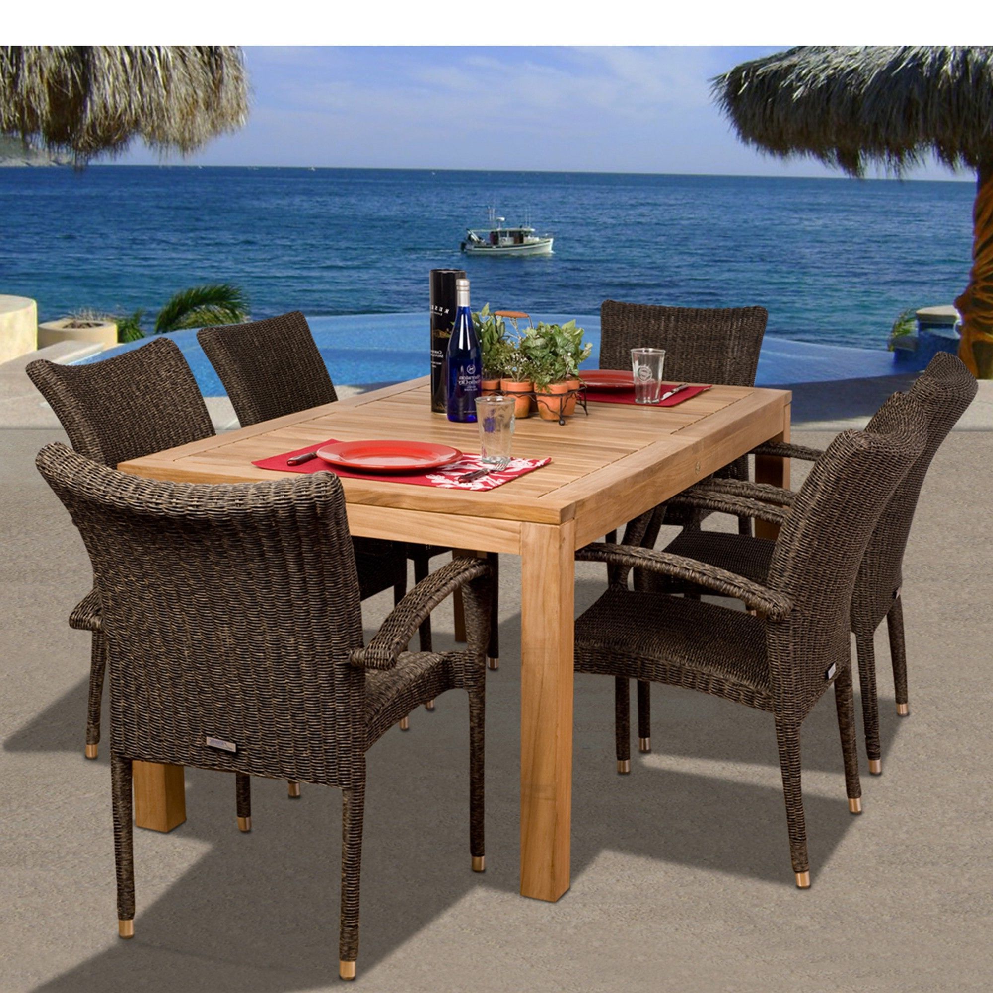 Brown Wicker Rectangular Patio Dining Sets For Well Known 7 Piece Brown Brussels Teak Rectangular Outdoor Patio Dining Set  (View 2 of 15)