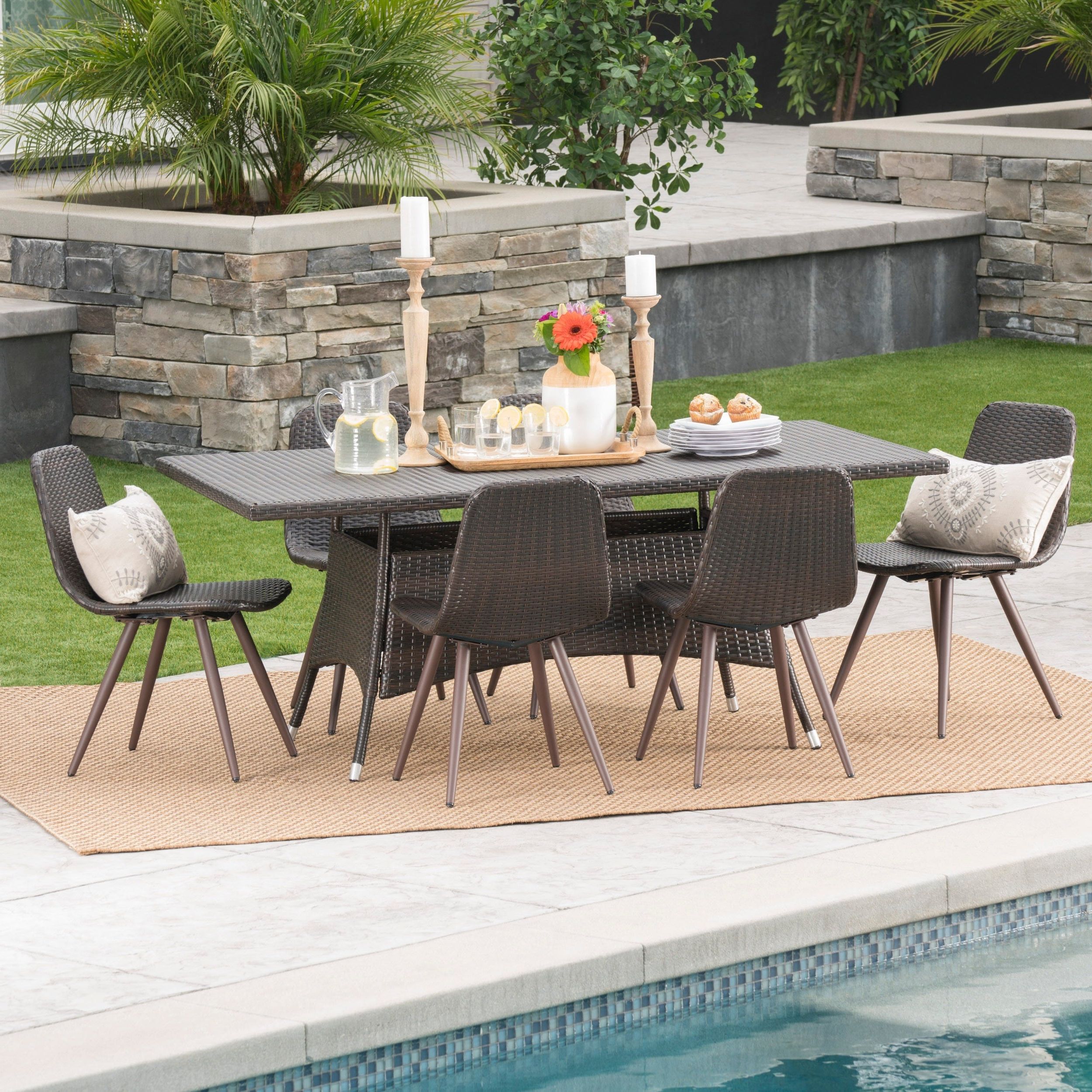 Brown Wicker Rectangular Patio Dining Sets Inside 2020 Ezra Outdoor 7 Piece Rectangle Wicker Dining Setbrown 7 Piece Sets (View 13 of 15)