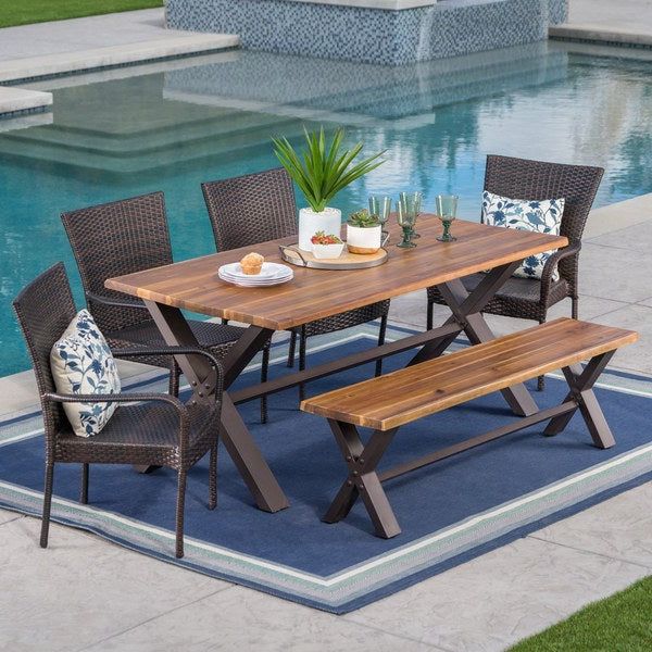 Bullerton Outdoor 6 Piece Rectangle Wicker Wood Dining Set With Popular Wood Rectangular Outdoor Dining Sets (View 13 of 15)