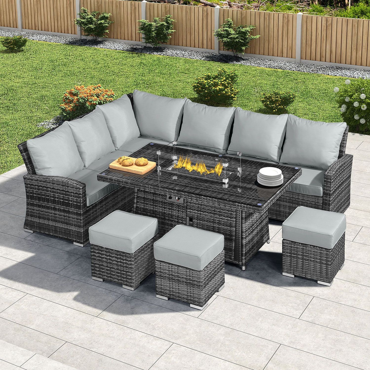 Cambridge Right Hand Casual Dining Corner Sofa Set With Firepit Table Regarding Most Popular Gray Outdoor Table And Loveseat Sets (View 3 of 15)