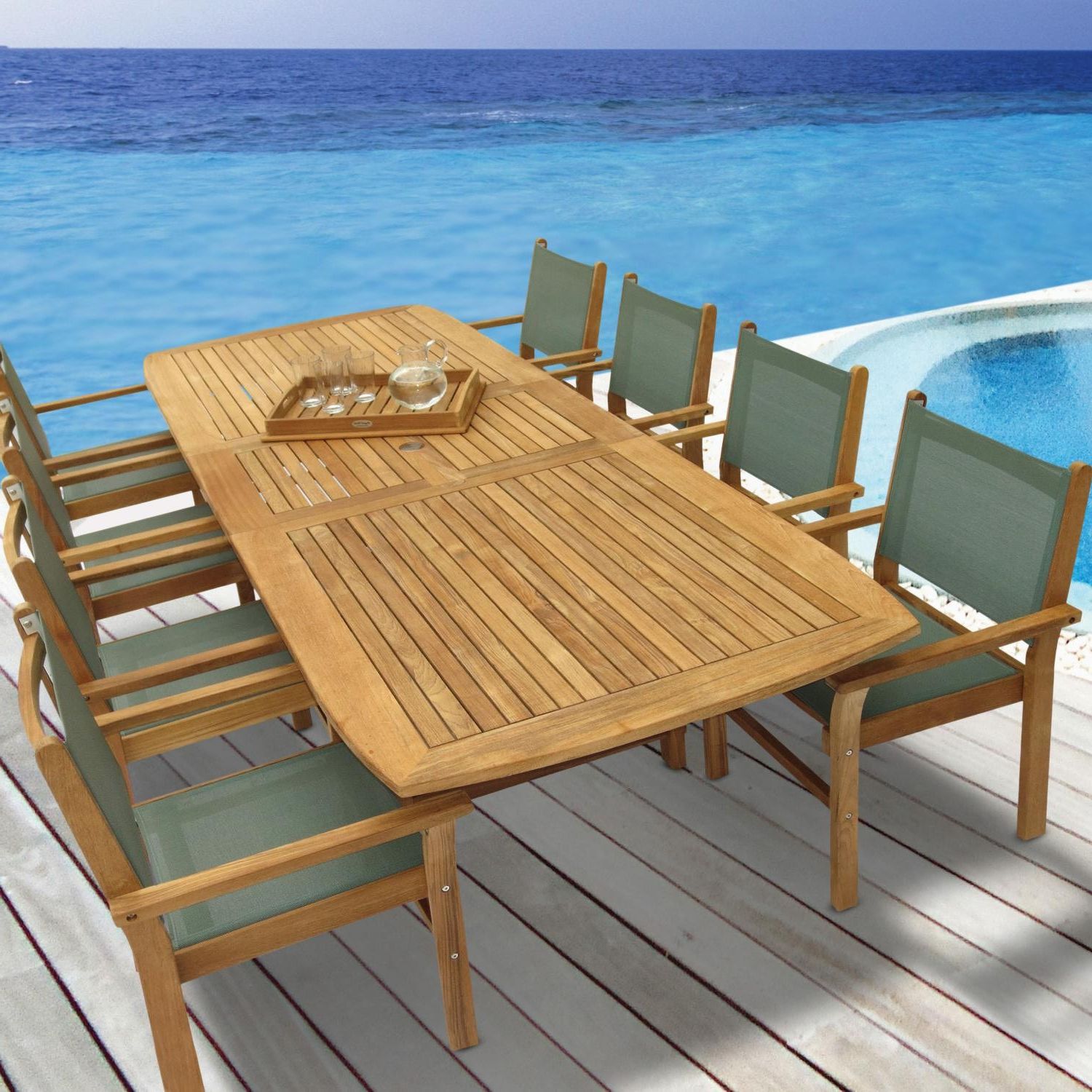 Captiva 9 Piece Teak Patio Dining Set W/ 96 X 44 Inch Rectangular With Regard To Latest 9 Piece Teak Outdoor Square Dining Sets (View 10 of 15)