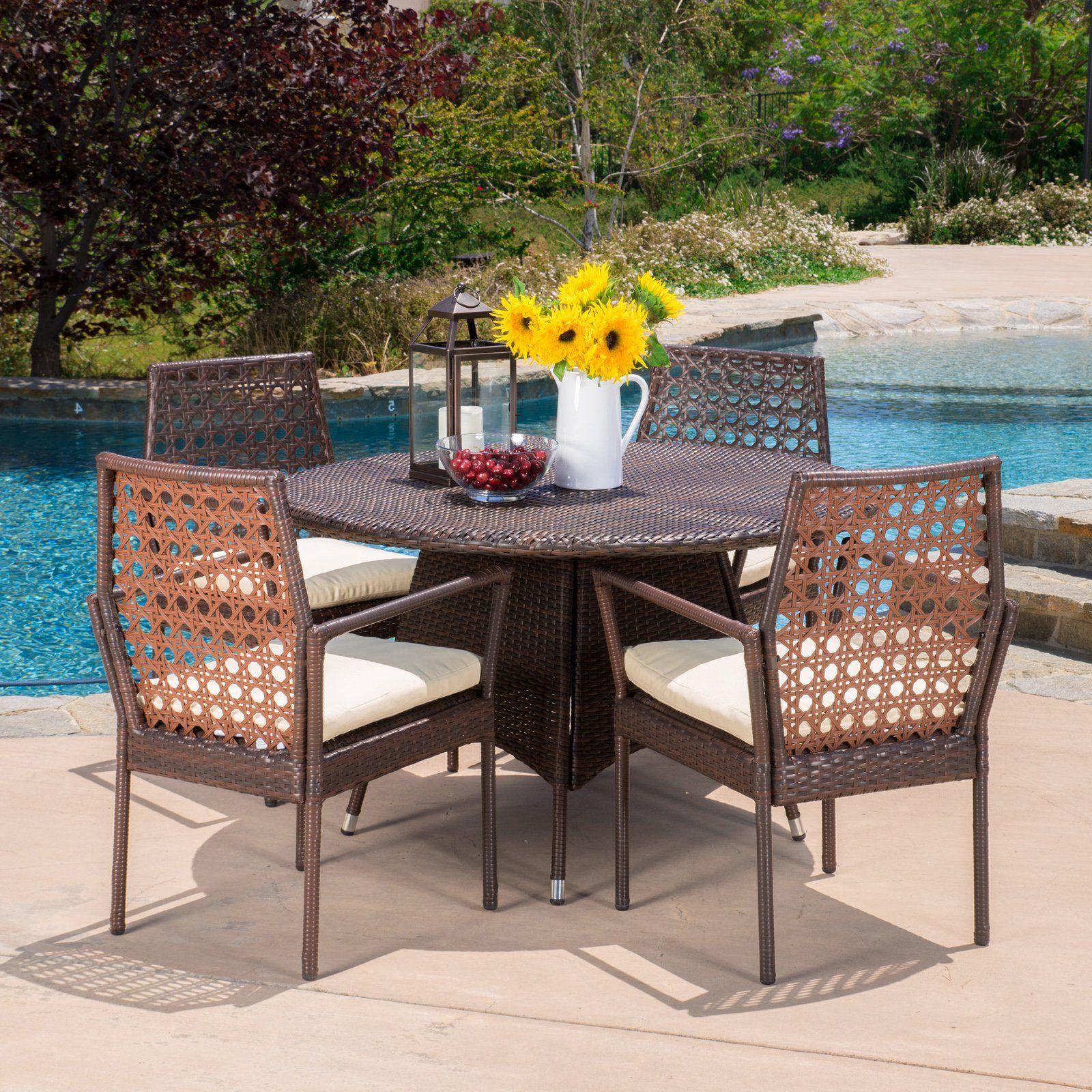 Claire Wicker 5 Piece Round Patio Dining Set With Cushion – Walmart With Regard To Best And Newest 5 Piece Round Dining Sets (View 12 of 15)