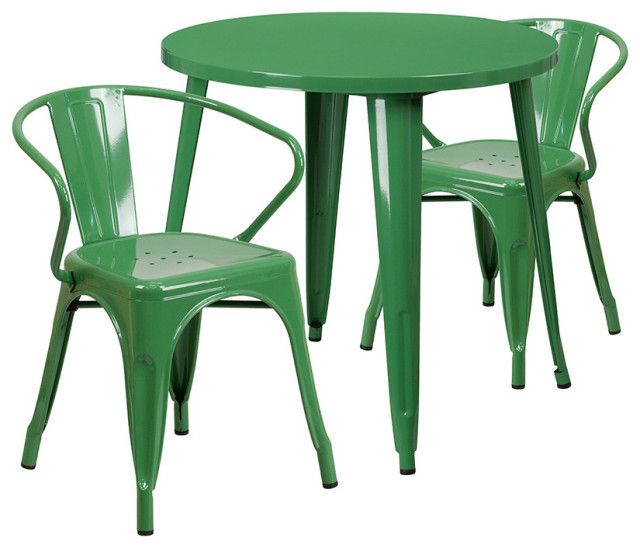 Commercial Grade 30" Round Green Metal Indoor Outdoor Table Set, 2 Arm With Most Current Green Steel Indoor Outdoor Armchair Sets (View 6 of 15)