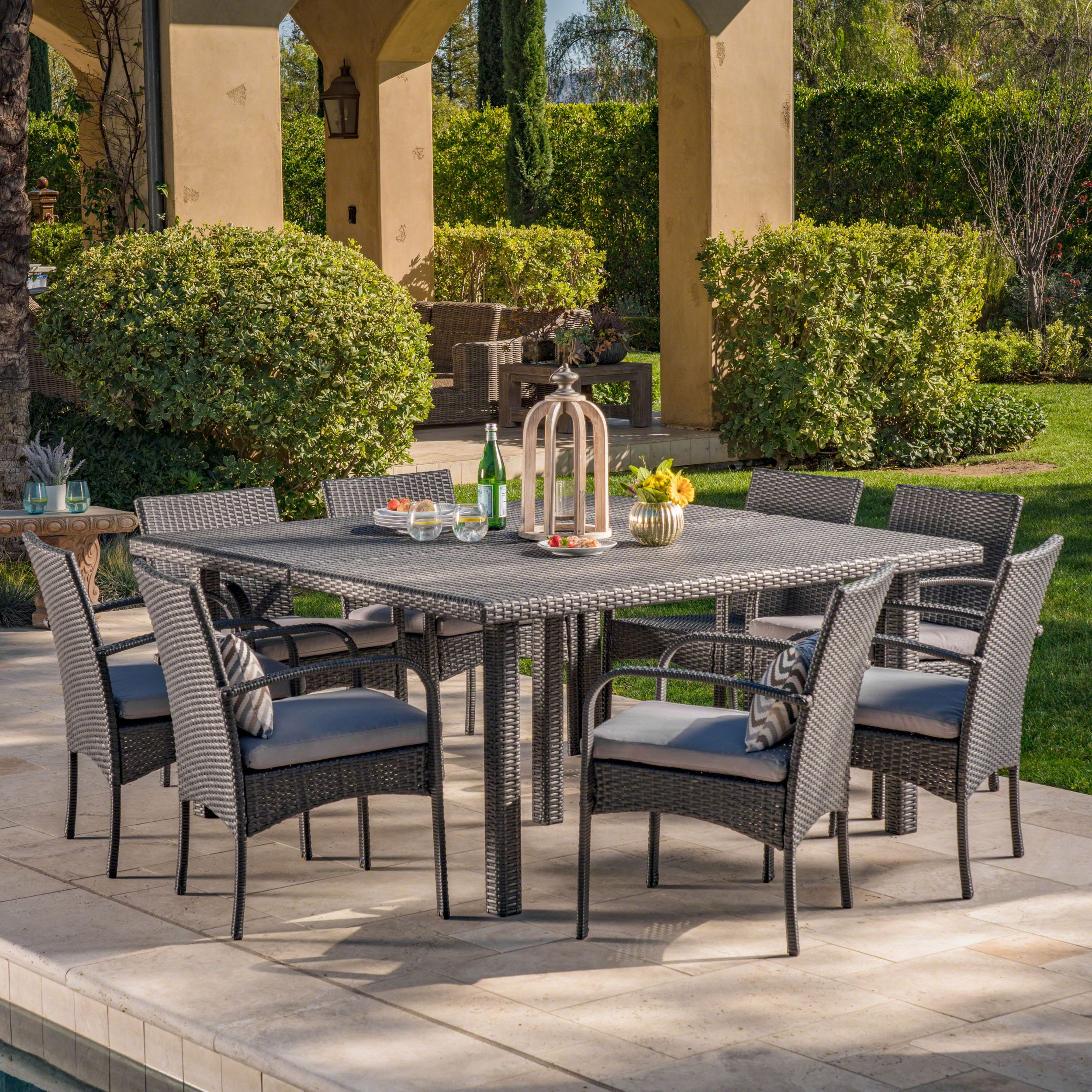 Coral Outdoor 9 Piece Grey Wicker Square Dining Set With Grey Water Inside Most Current Patio Dining Sets With Cushions (View 4 of 15)