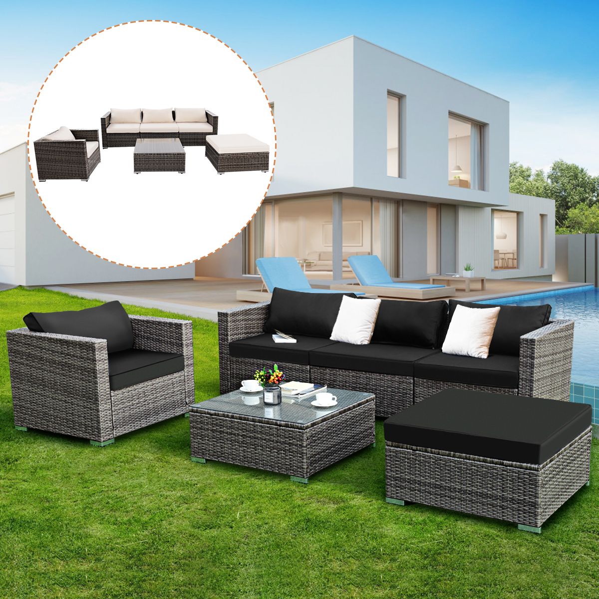 Costway 6 Piece Patio Rattan Wicker Furniture Set Sectional Sofa Couch Inside Widely Used 6 Piece Outdoor Sectional Sofa Patio Sets (View 9 of 15)