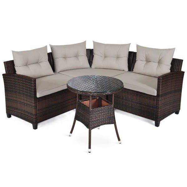 Costway Dark Brown 4 Piece Metal Wicker Outdoor Sectional Set With Grey Intended For Well Known 4 Piece Outdoor Sectional Patio Sets (View 11 of 15)