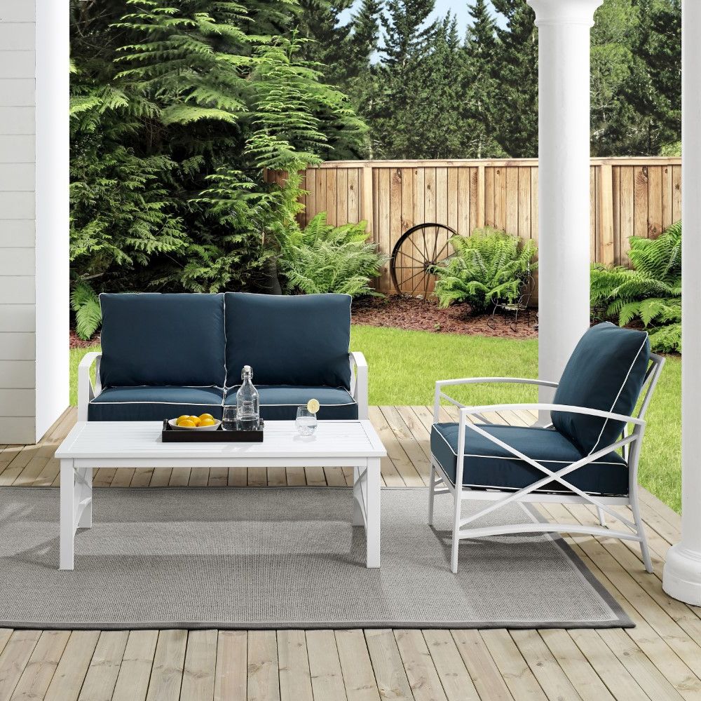 Crosley Furniture – Kaplan 3 Piece Outdoor Conversation Set Navy/white For Most Recent 3 Piece Outdoor Table And Loveseat Sets (View 5 of 15)