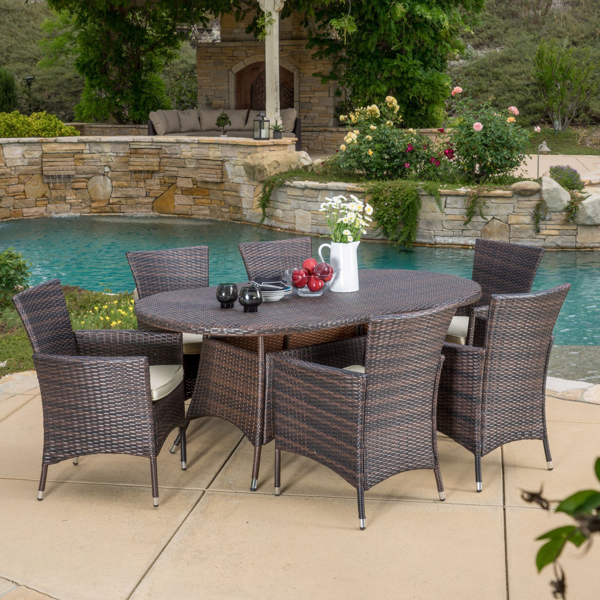 Current 7 Piece Small Patio Dining Sets With Clementine Outdoor 7pc Multibrown Wicker Long Dining Set (View 1 of 15)