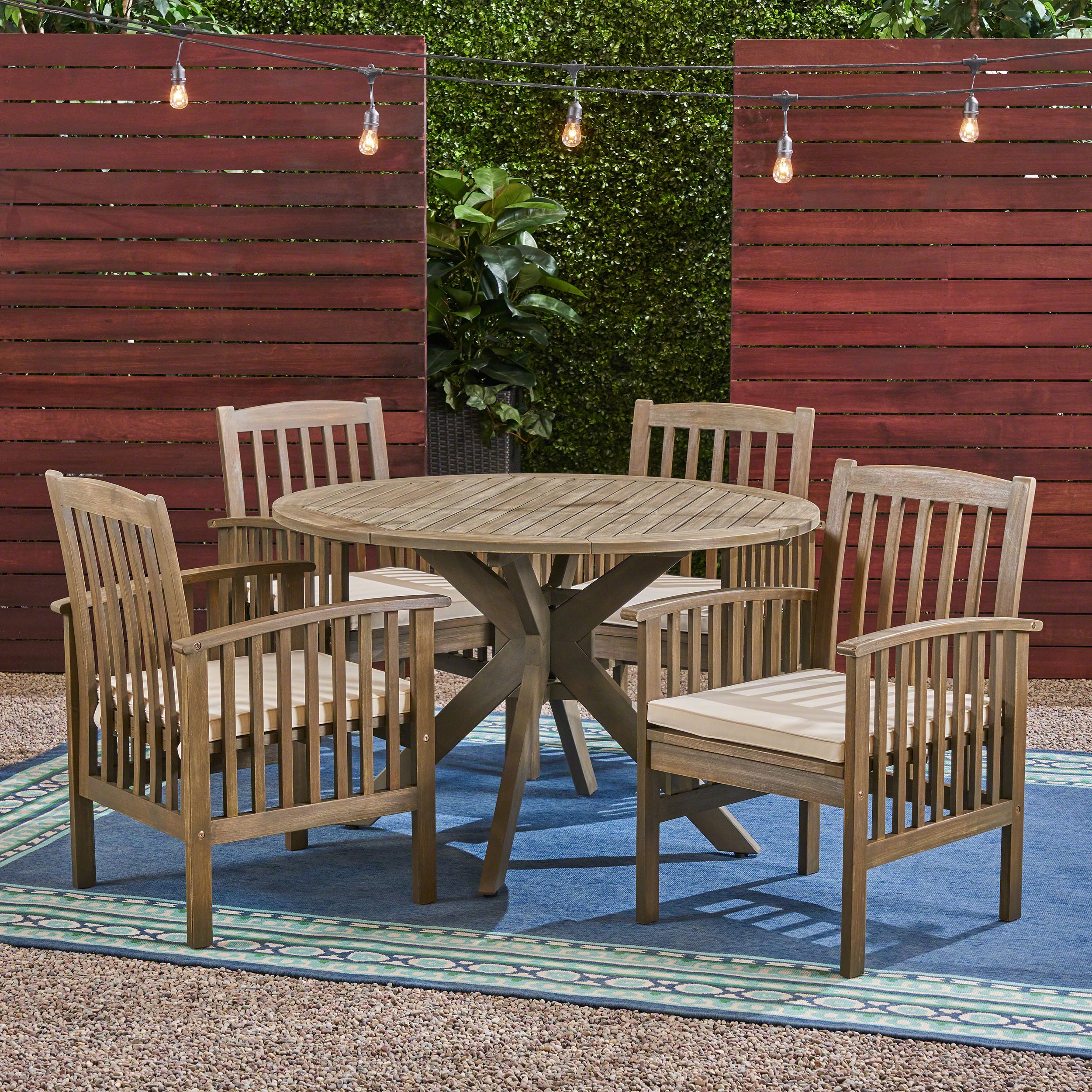 Current Acacia Wood Outdoor Seating Patio Sets Throughout Frederic Outdoor 5 Piece Acacia Wood 47" Round Dining Set With X Legs (View 7 of 15)