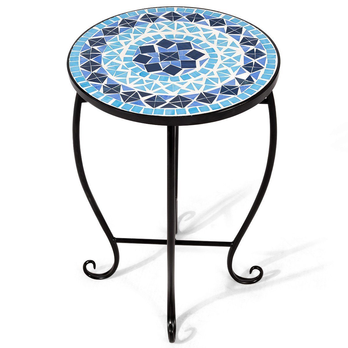 Current Blue Mosaic Black Iron Outdoor Accent Tables Inside Mosaic Round Side Table Patio (ocean Fantasy) (View 7 of 15)
