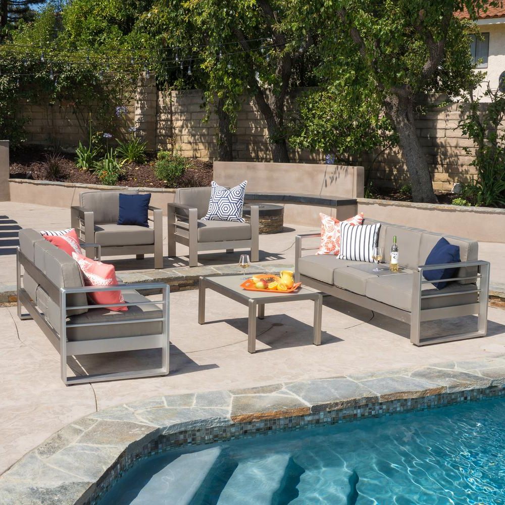 Current Cape Coral Sliver 5 Piece Aluminum Patio Conversation Set With Khaki With Patio Conversation Sets And Cushions (View 13 of 15)