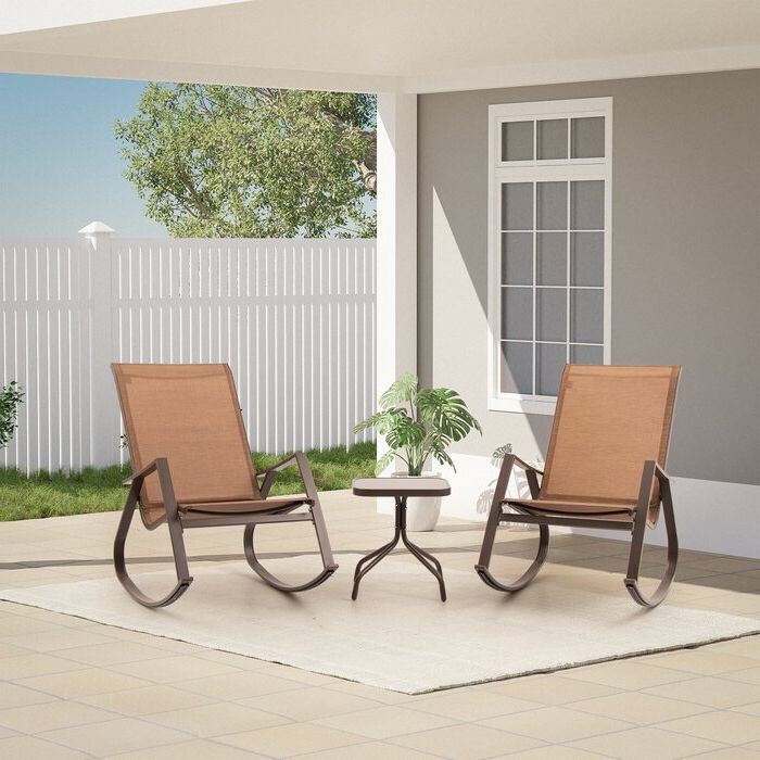 Current Ebern Designs 3 Pcs Patio Bistro Set, Rocking Chairs & Tempered Class Pertaining To Outdoor Rocking Chair Sets With Coffee Table (View 10 of 15)