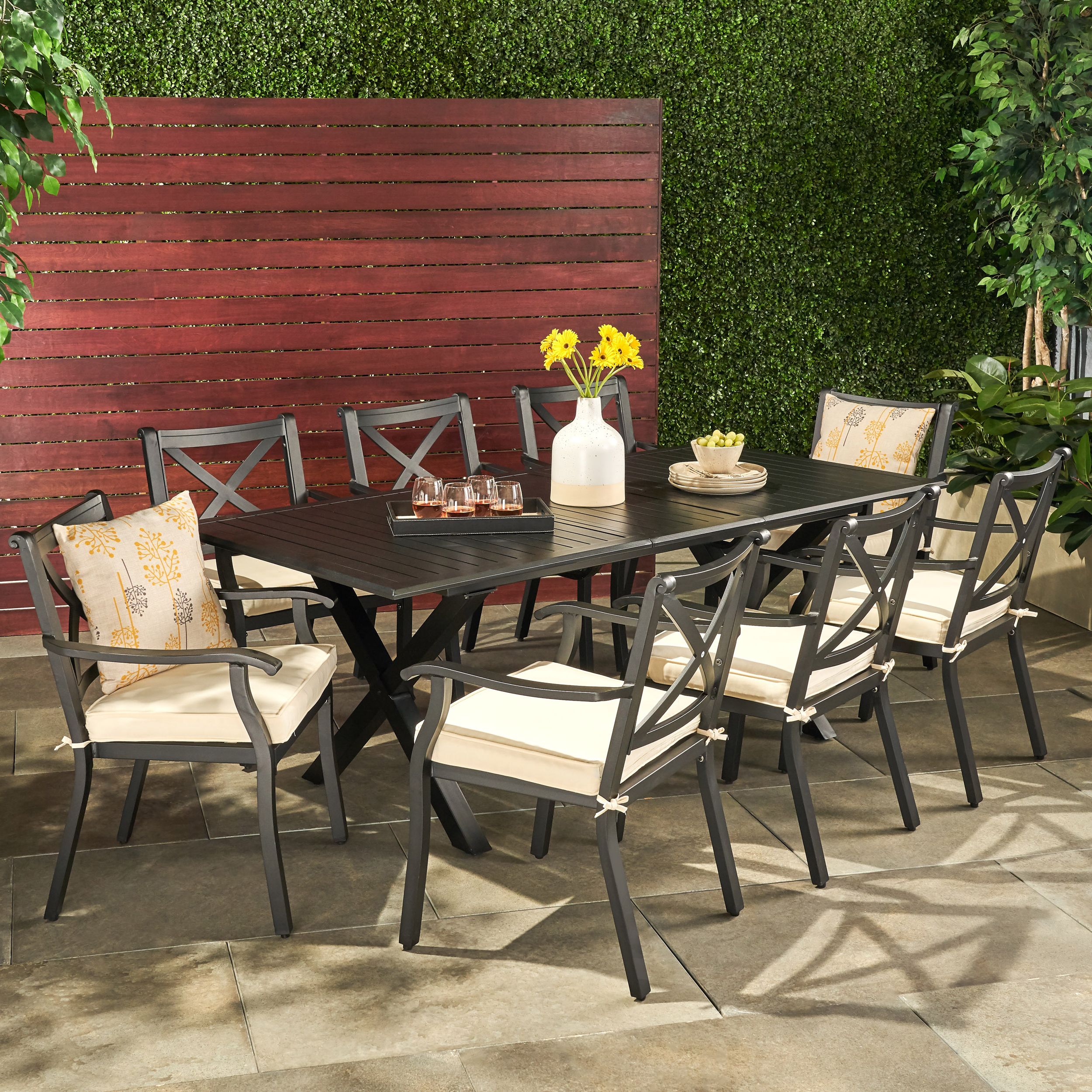 Current Eowyn Outdoor 9 Piece Cast Aluminum Dining Set With Ivory Water In 9 Piece Rectangular Patio Dining Sets (View 2 of 15)