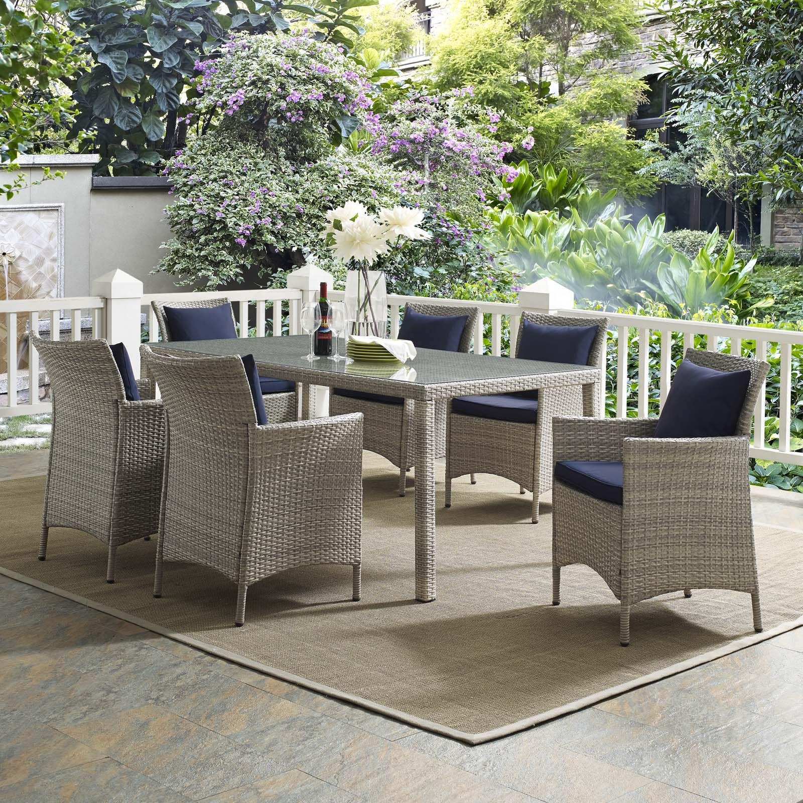 Current Navy Outdoor Seating Sets Throughout Conduit 7 Piece Outdoor Patio Wicker Rattan Dining Set In Light Gray (View 6 of 15)