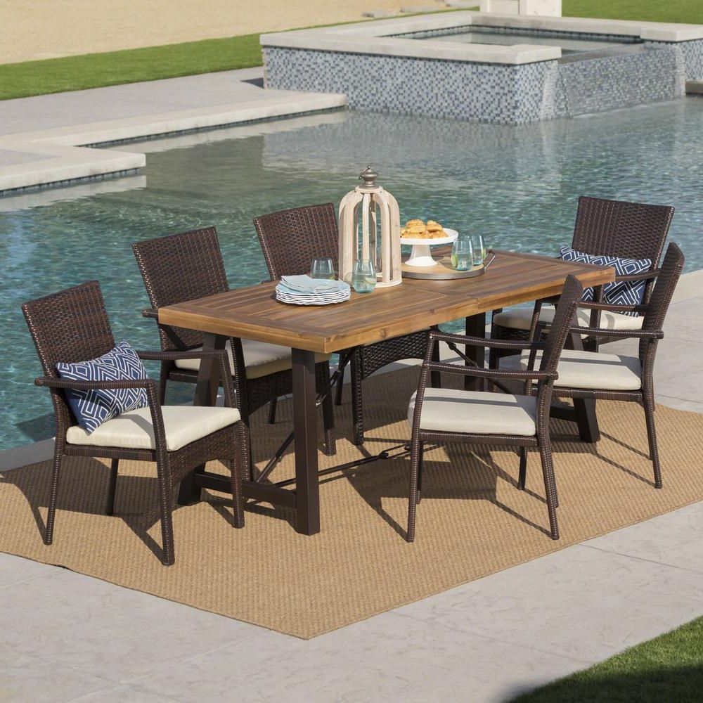 Current Noble House 7 Piece Wicker, Wood And Iron Rectangular Outdoor Dining Regarding Wicker Rectangular Patio Dining Sets (View 1 of 15)